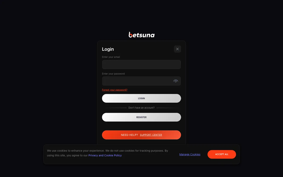 Betsuna Casino — «Регистрация», снято из страны Великобритания