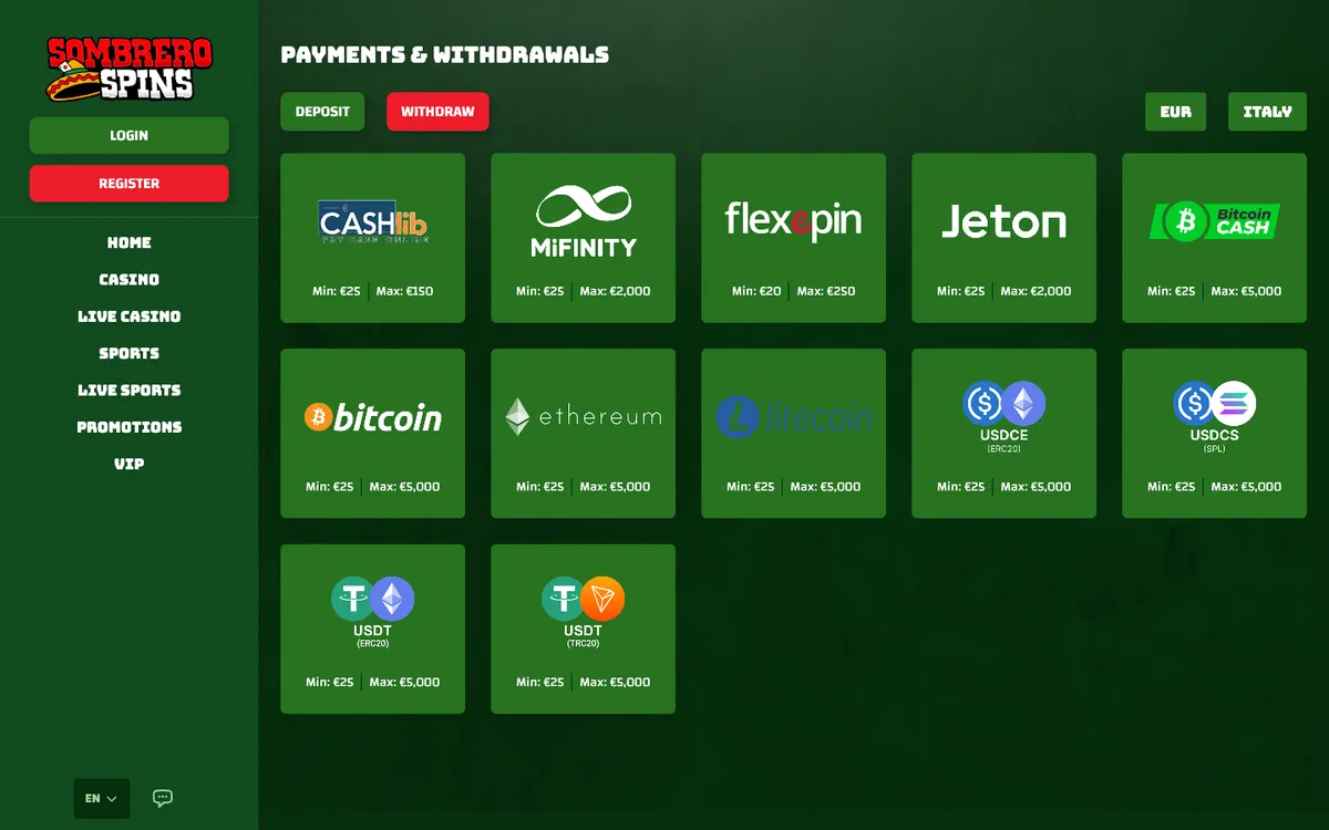 Sombrero Spins Casino — Payments, captured from Italy