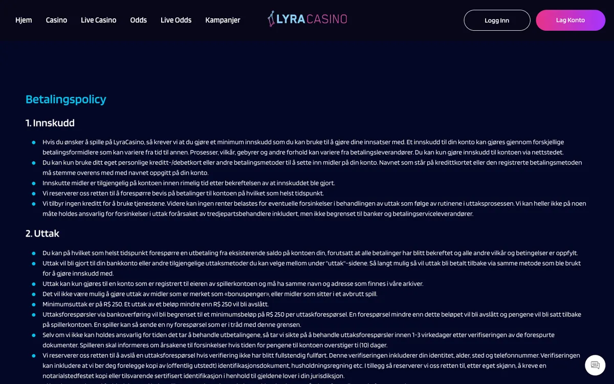LyraCasino — Payments, captured from Norway