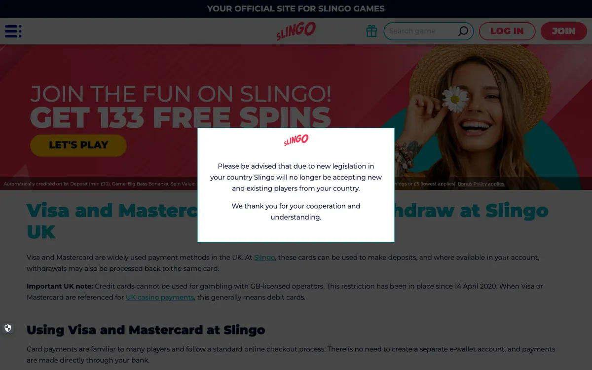 Slingo Casino — Payments, captured from Australia