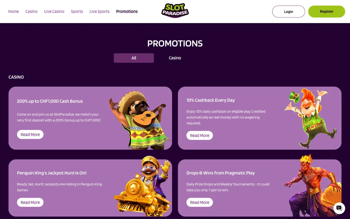 Slotparadise Casino — Promotions, captured from Switzerland