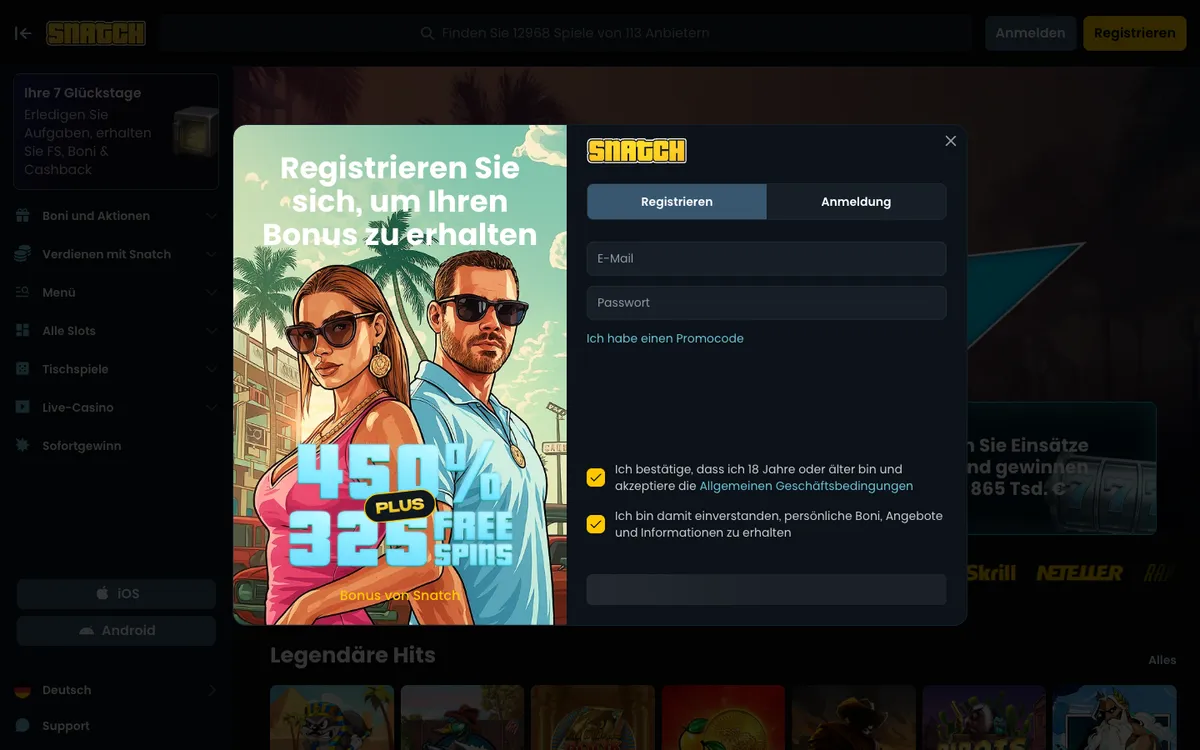 Snatch Casino — Home page, captured from Austria