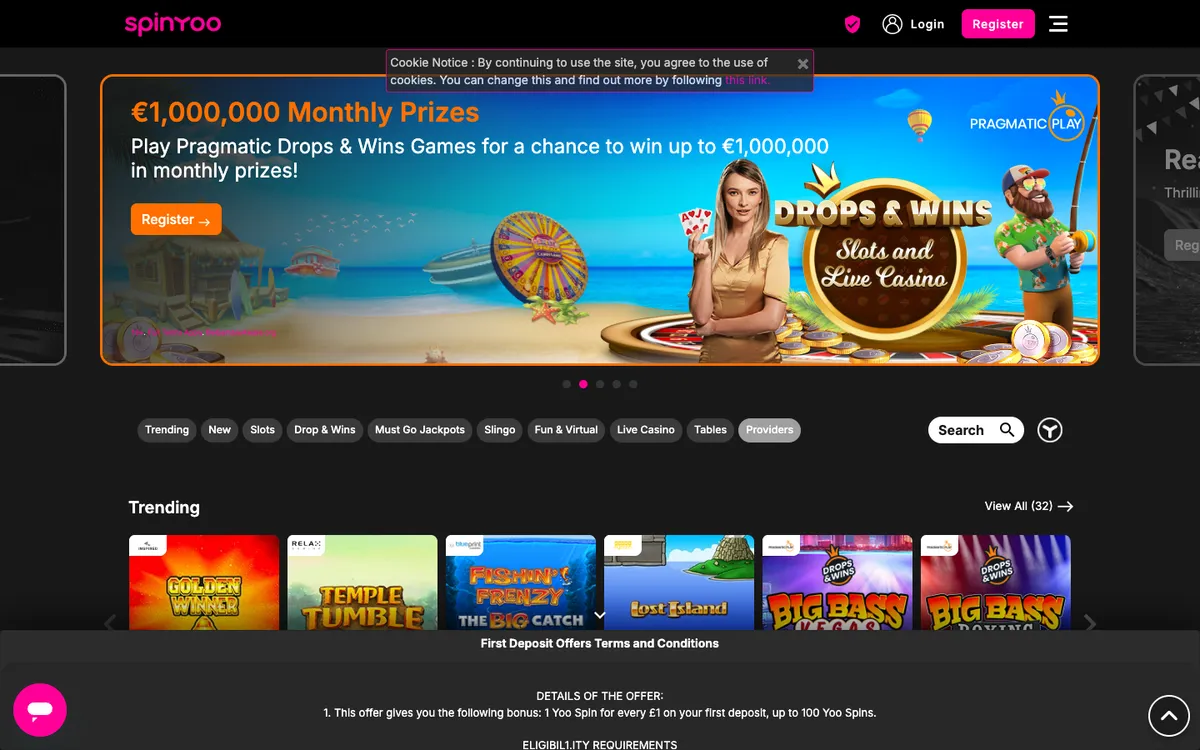 SpinYoo Casino — Home page, captured from United Kingdom
