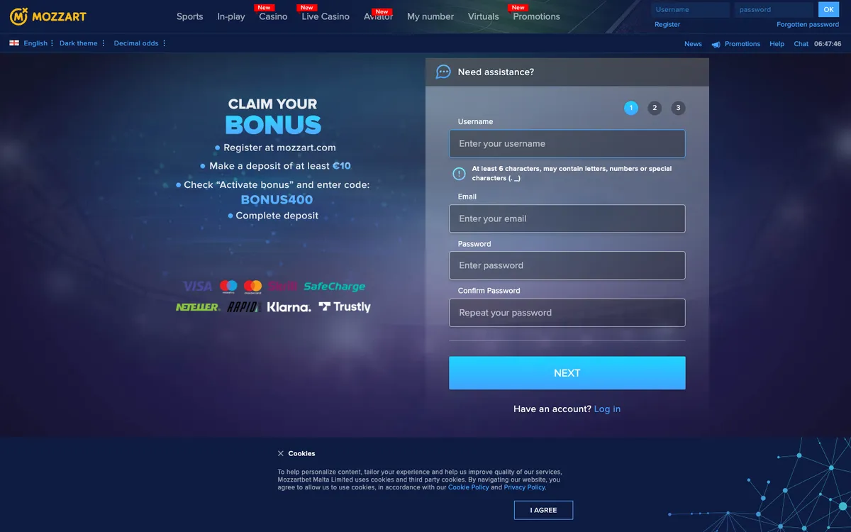 Mozzart Casino — «Регистрация», снято из страны Австрия