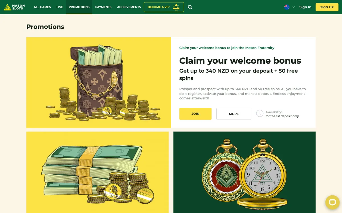 Mason Slots Casino — «Акции», снято из страны Новая Зеландия