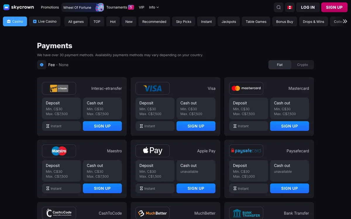Skycrown Casino — Payments, captured from Canada