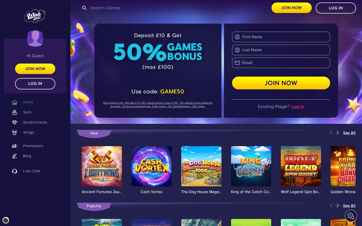 Wink Slots Casino — Home page, captured from Canada