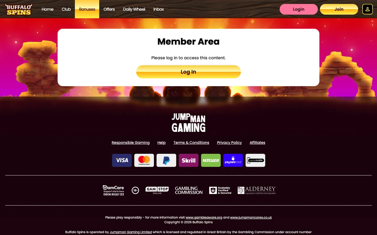Buffalo Spins Casino — «Акции», снято из страны Великобритания
