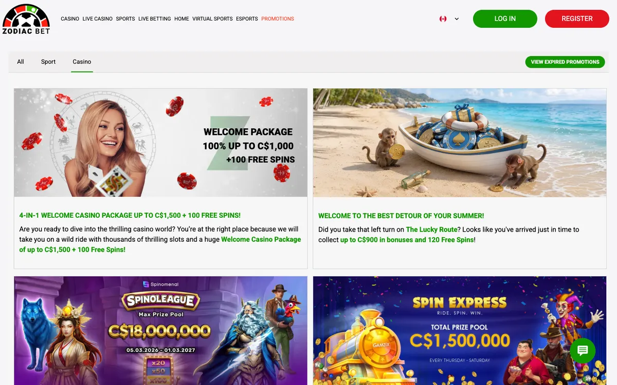 ZodiacBet Casino — Promotions, captured from Canada