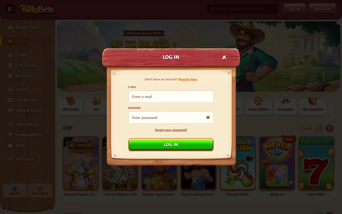BillyBets Casino — «Регистрация», снято из страны Южно-Африканская Республика
