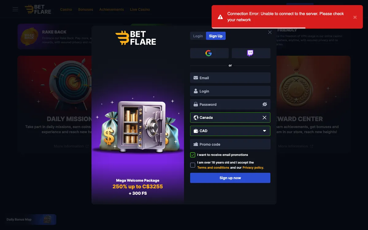 Betflare Casino — Sign-up, captured from Canada