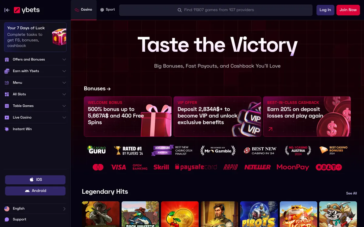 Ybets Casino — Home page, captured from Australia