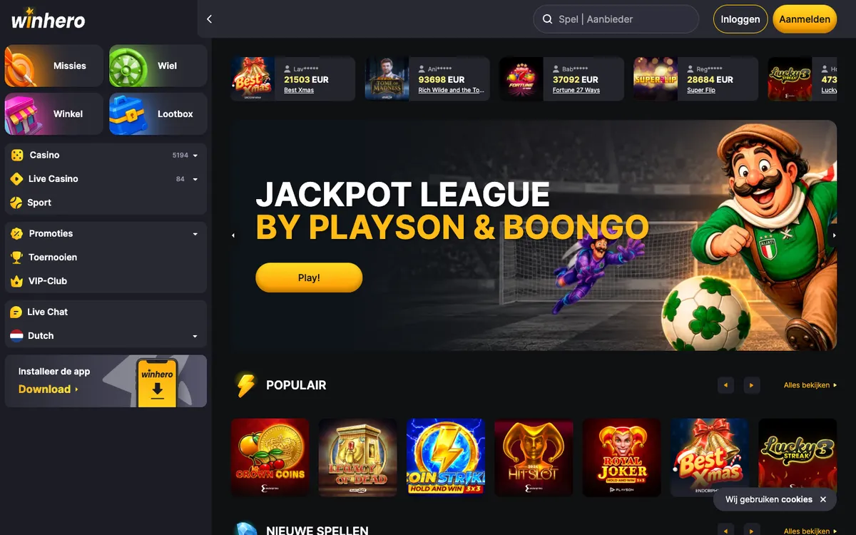 Winhero Casino — «Главная», снято из страны Бельгия