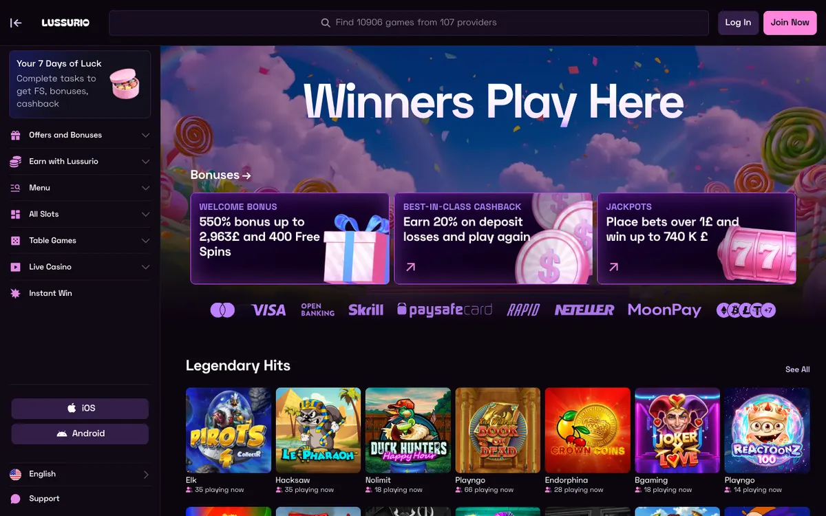 Lussurio Casino — Home page, captured from United Kingdom