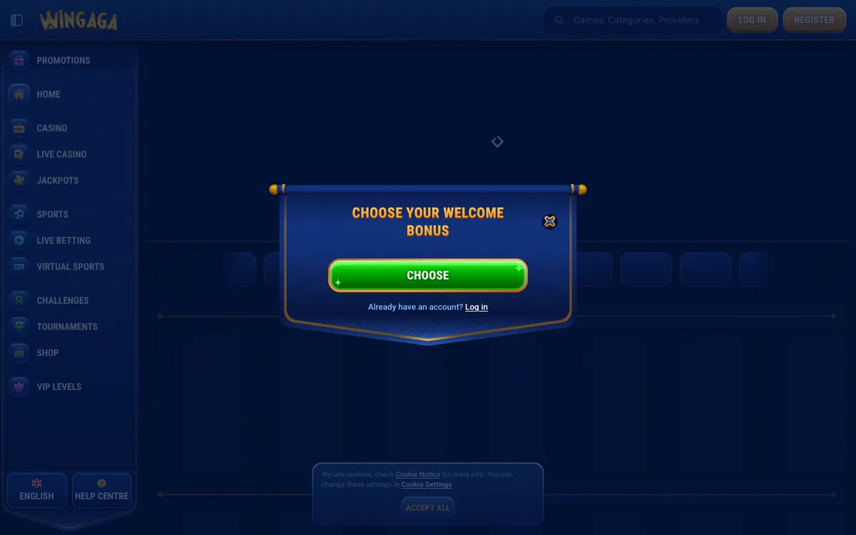 WinGaga Casino — «Регистрация», снято из страны Новая Зеландия