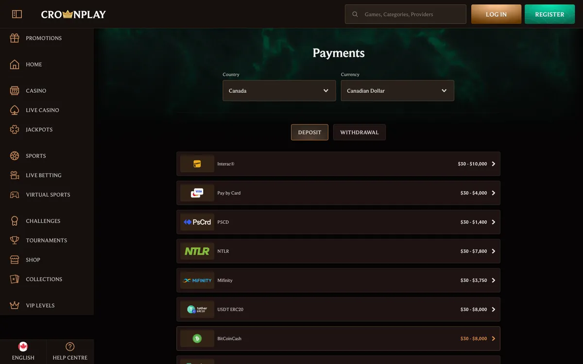 CrownPlay Casino — Payments, captured from Canada