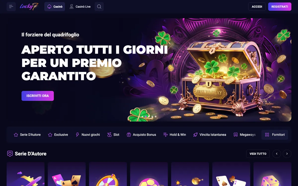 Lucky7even Casino — Home page, captured from Italy