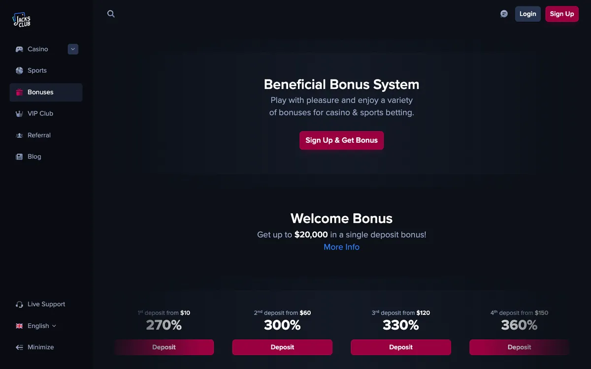Jacks Club Casino — Promotions, captured from Indonesia
