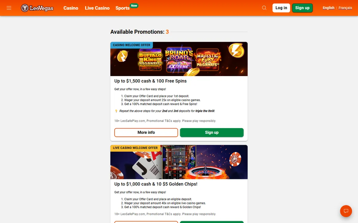 LeoVegas Casino — Promotions, captured from Canada