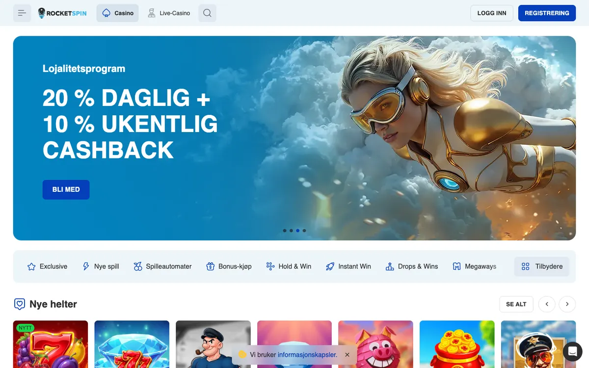 Rocket Spin Casino — Home page, captured from Norway