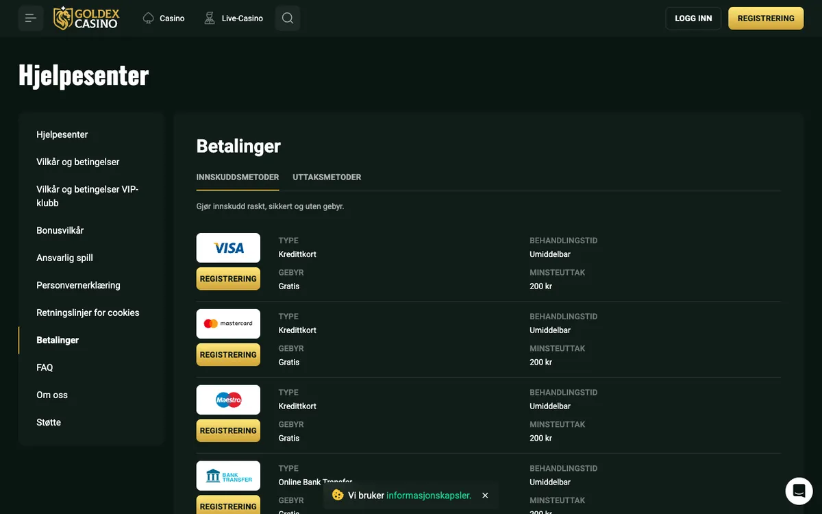 Goldex Casino — Payments, captured from Norway