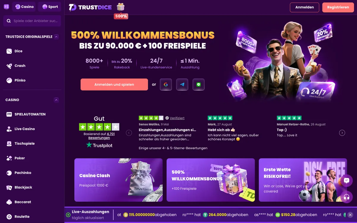 TrustDice Casino — Home page, captured from Germany