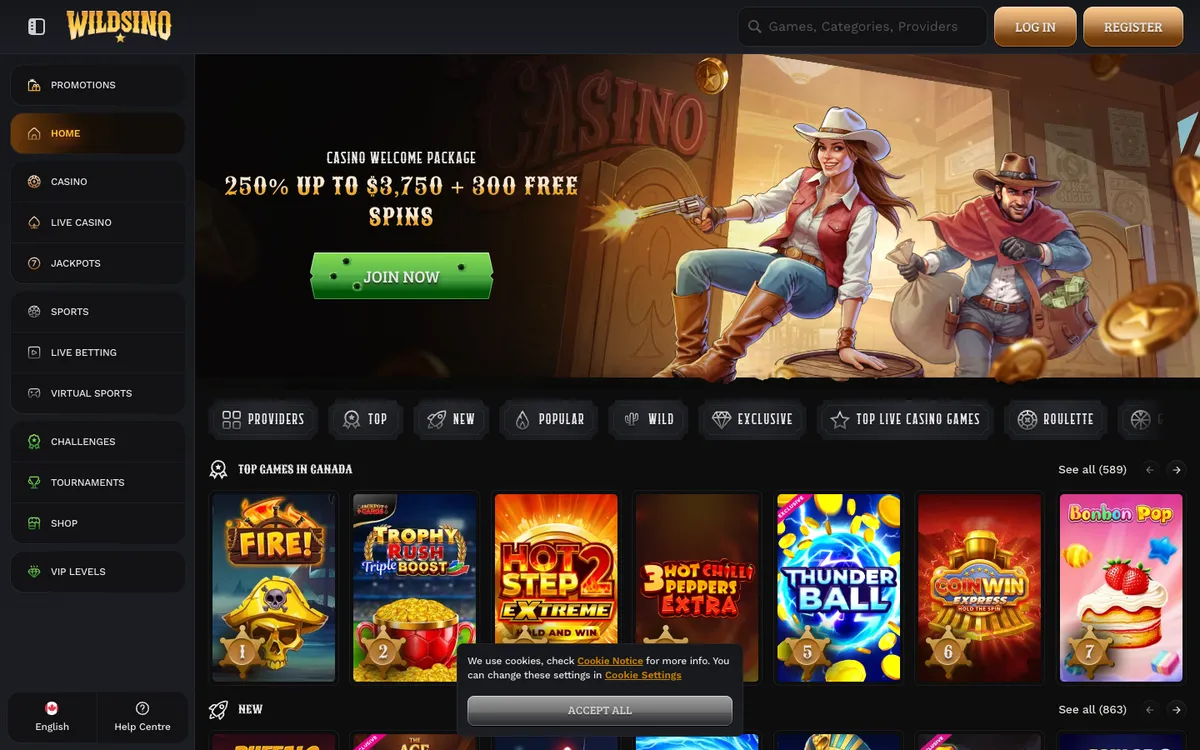Wildsino Casino — Home page, captured from Canada
