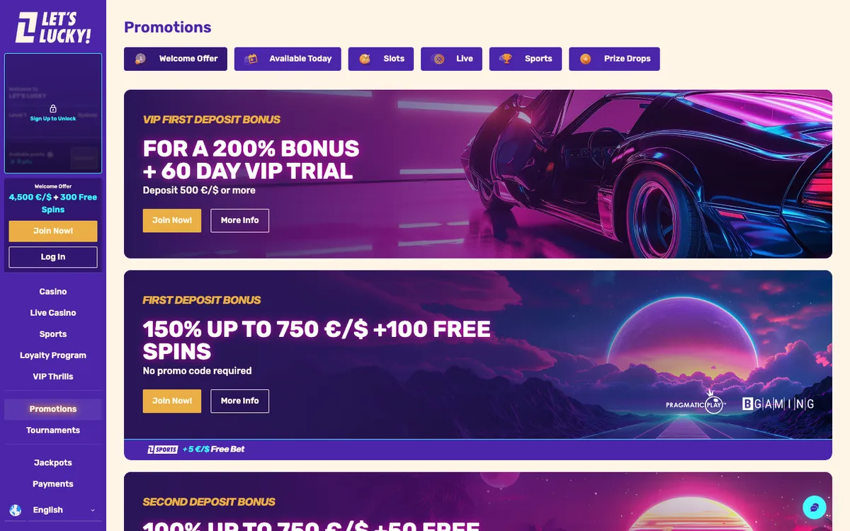 LetsLucky Casino — «Акции», снято из страны Южно-Африканская Республика