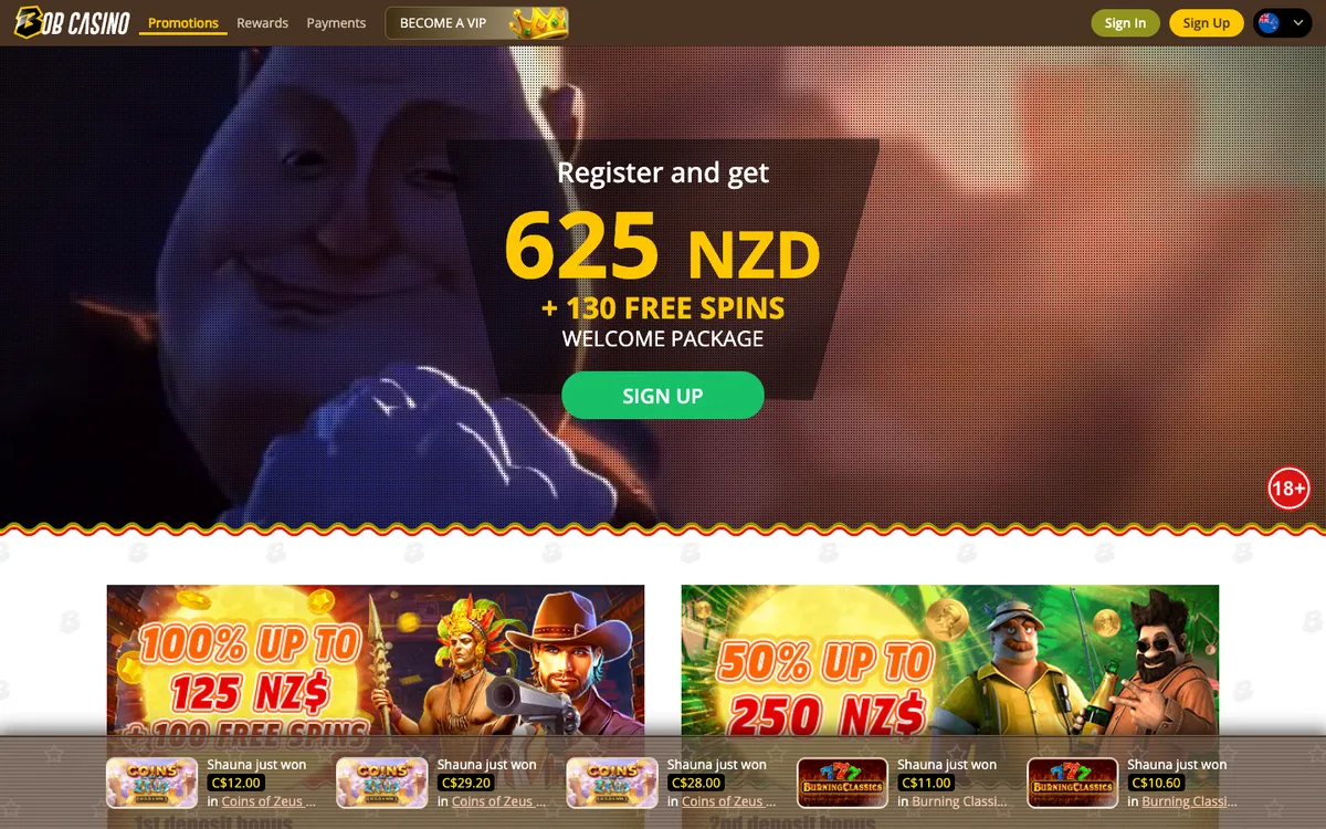 Bob Casino — Promotions, captured from New Zealand