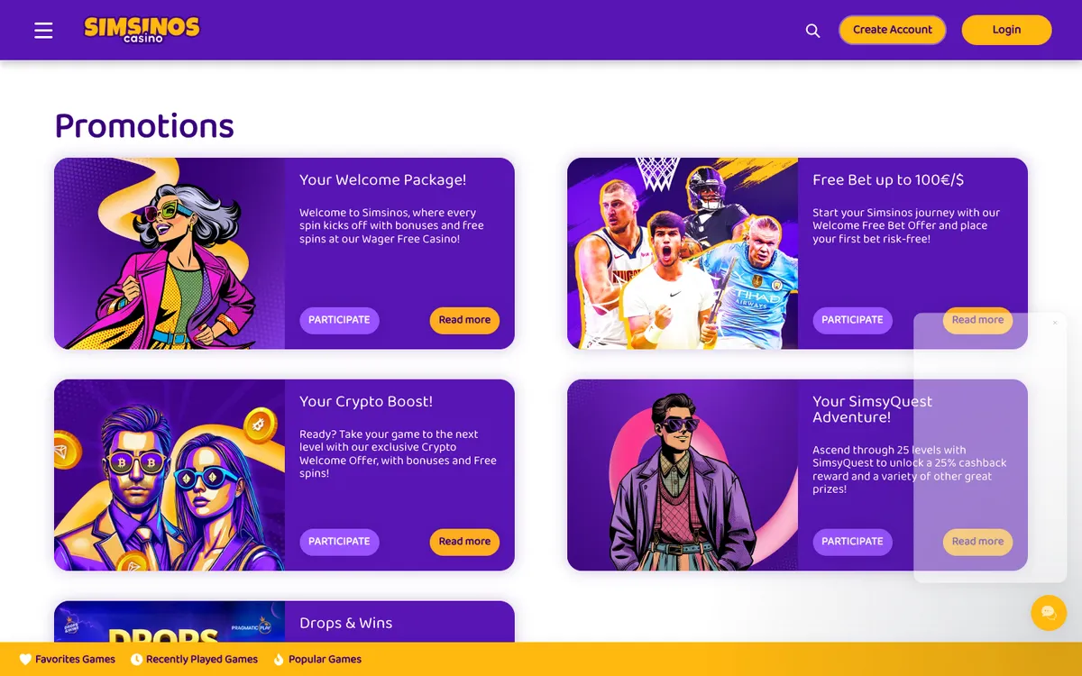Simsinos Casino — Promotions, captured from Australia