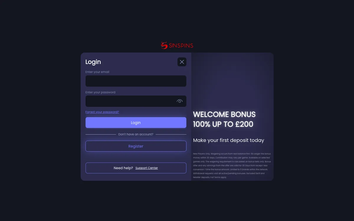 Sin Spins Casino — Sign-up, captured from United Kingdom