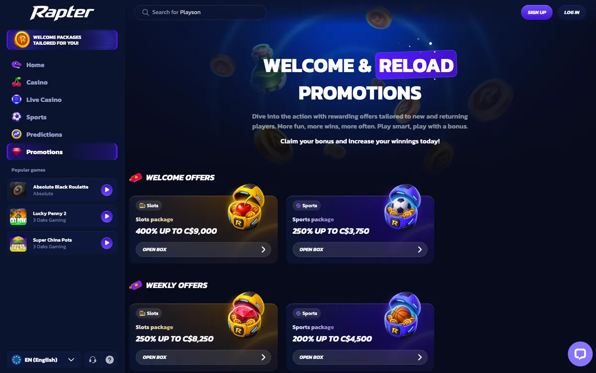 Rapter Casino — Promotions, captured from Canada