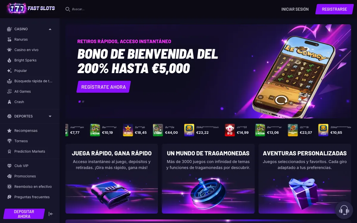 Fast Slots Casino — Home page, captured from Spain