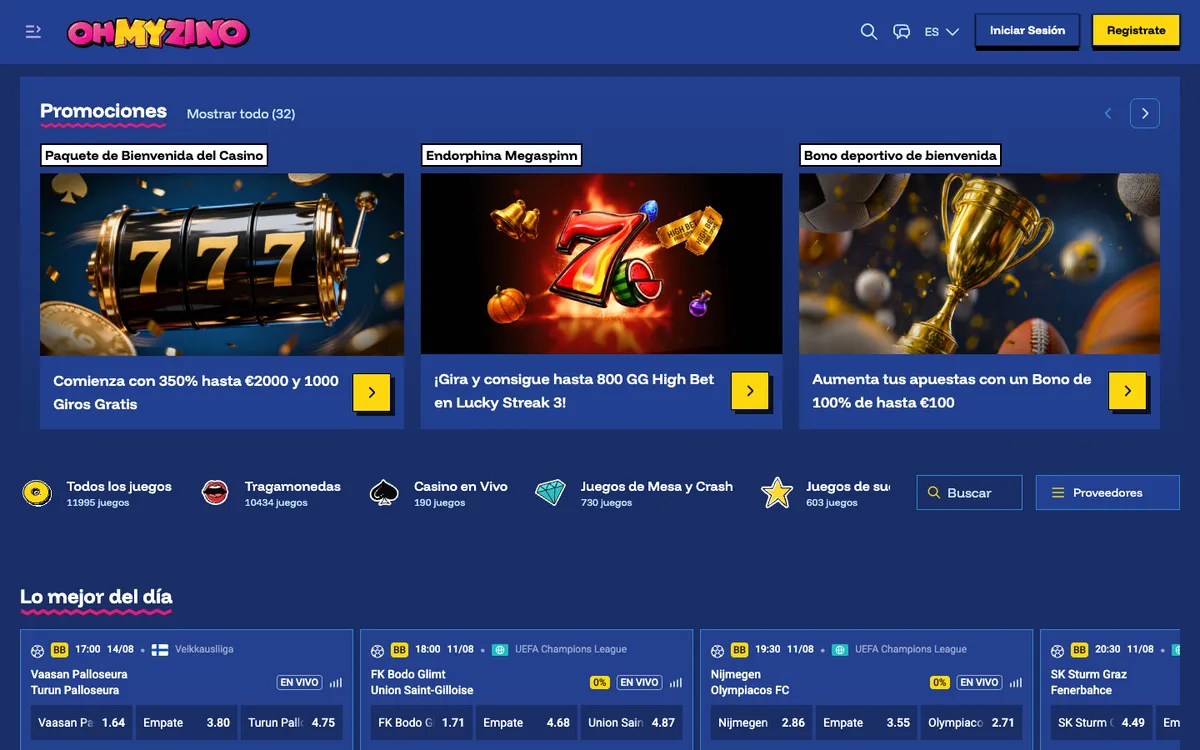 OhMyZino Casino — Home page, captured from Spain