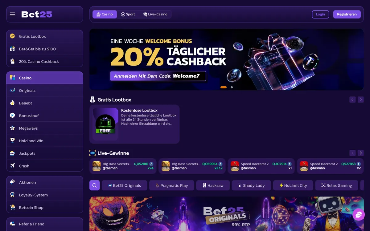 Bet25 Casino — Home page, captured from Austria