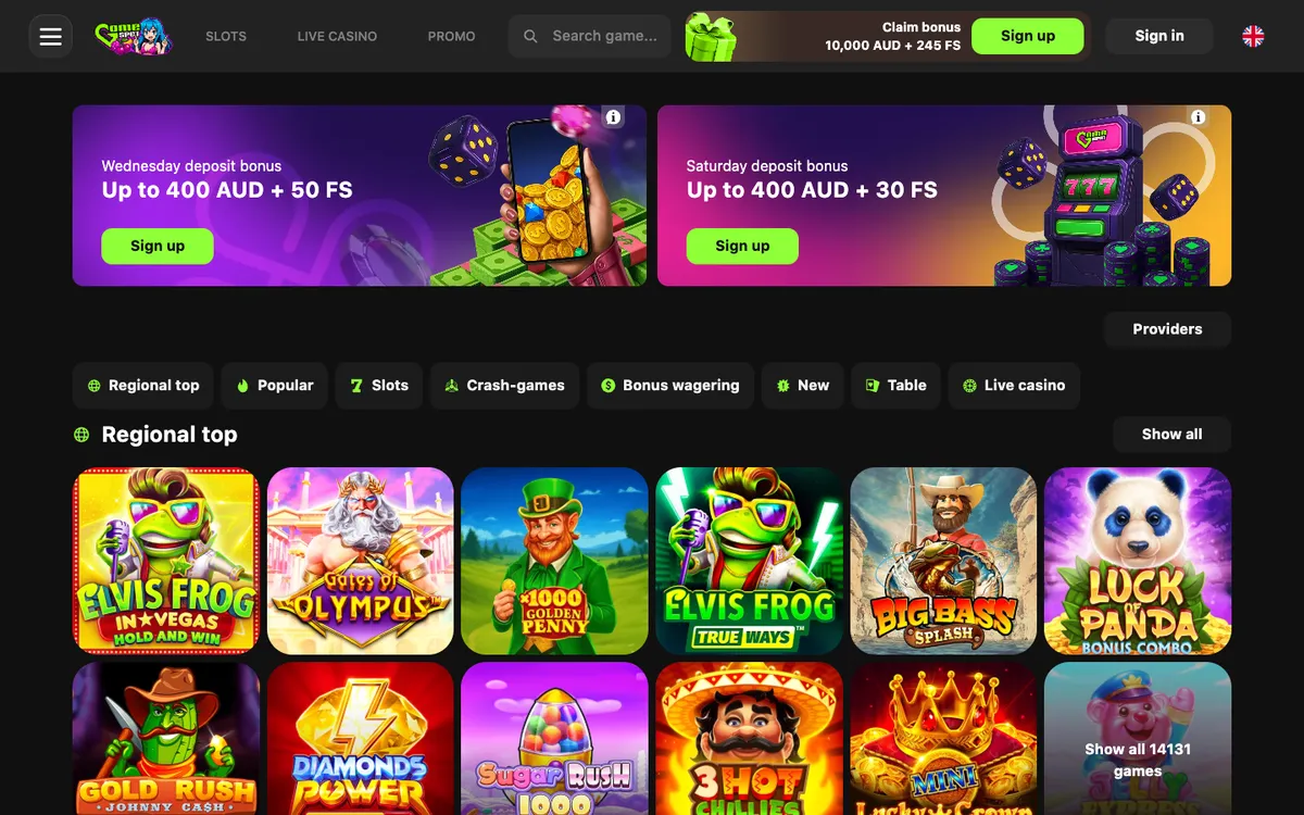 Game Spot Casino — Home page, captured from Australia