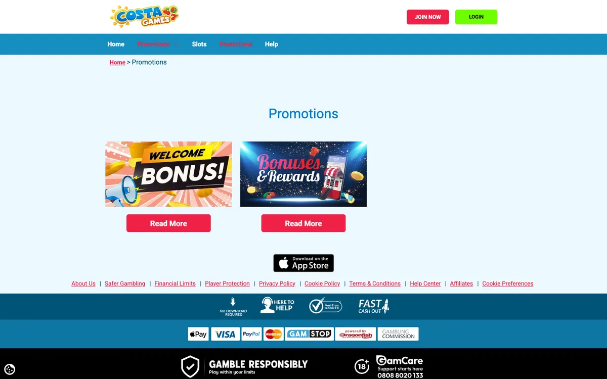 Costa Games Casino — Promotions, captured from United States