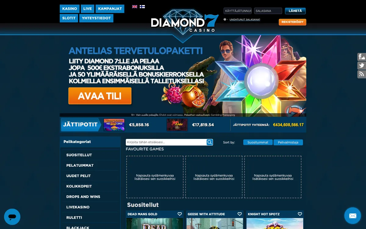 Diamond 7 Casino — Home page, captured from Finland