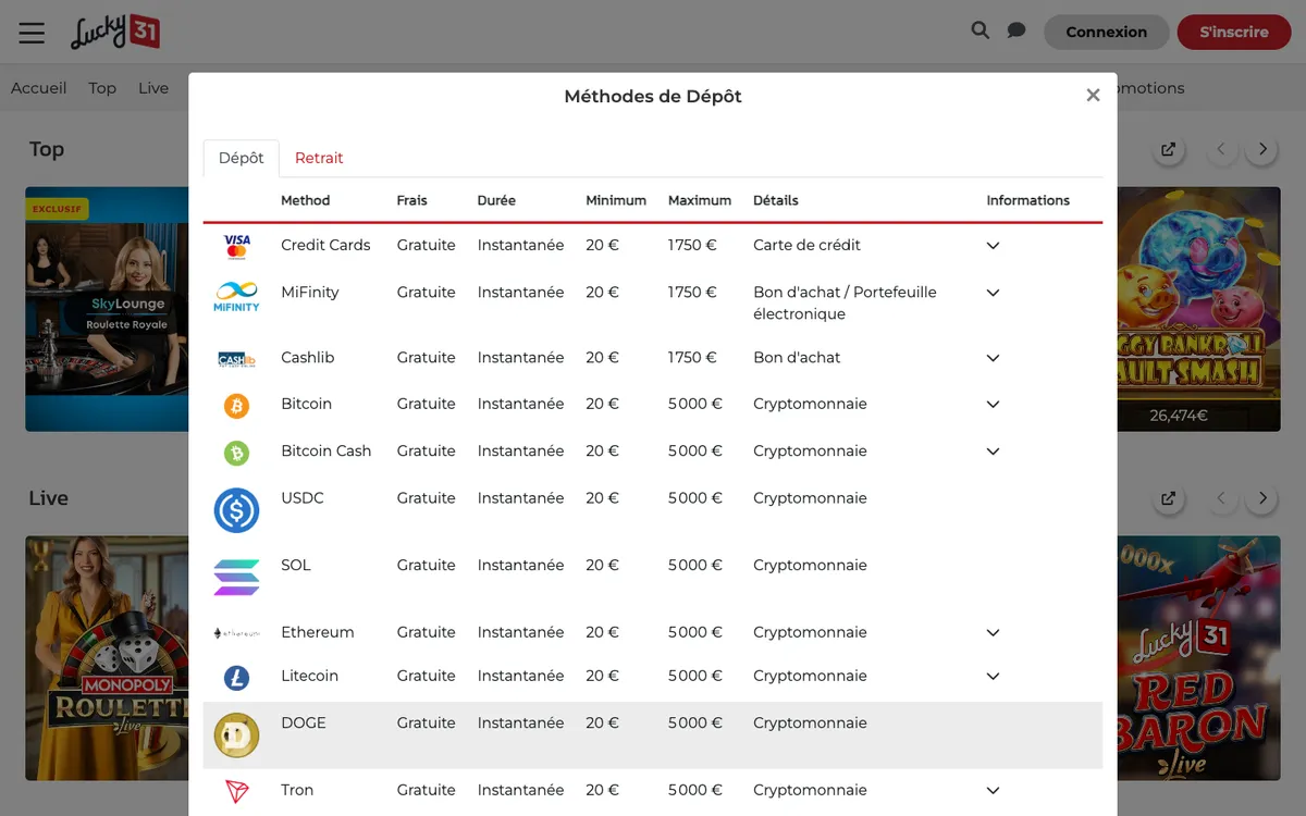 Lucky 31 Casino — Payments, captured from Belgium