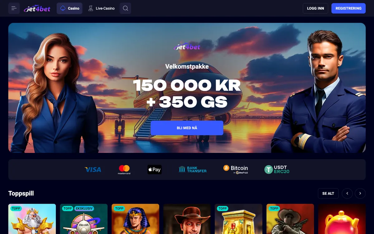 Jet4bet Casino — Home page, captured from Norway