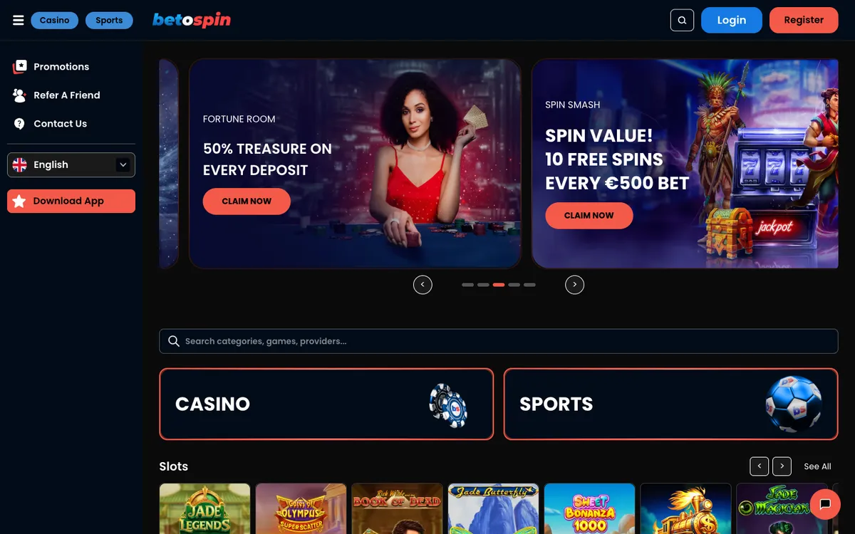 BetOspin Casino — Home page, captured from Italy