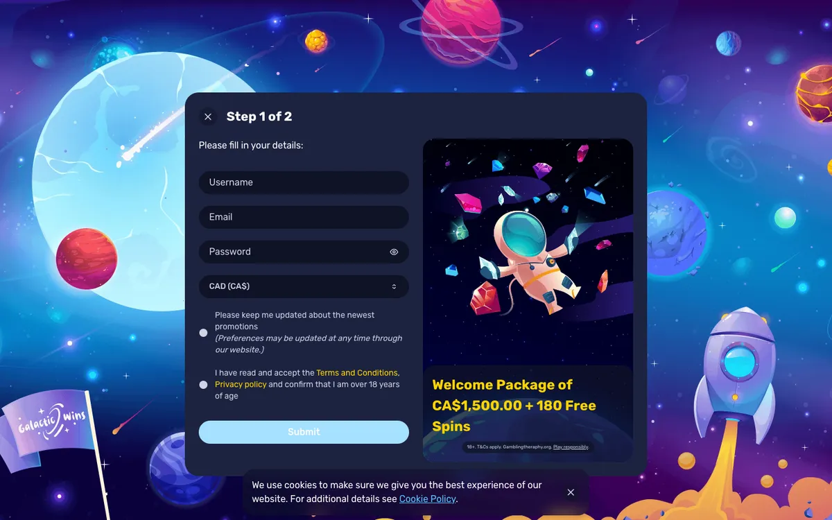 Galactic Wins Casino — «Регистрация», снято из страны Канада