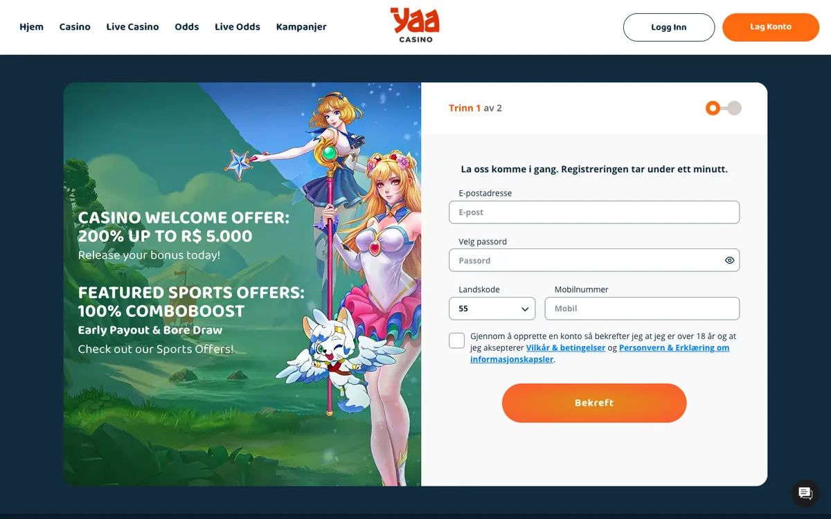 YaaCasino — Sign-up, captured from Norway