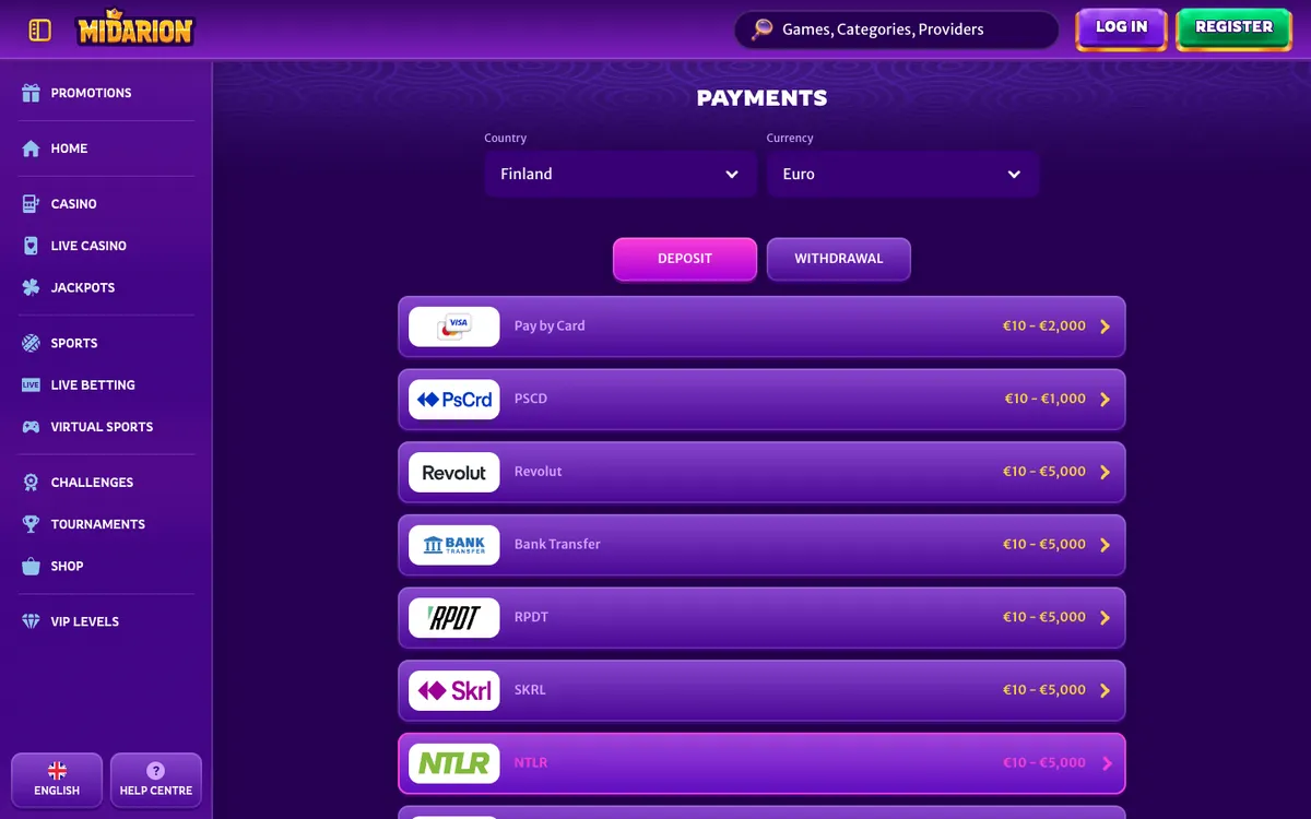 Midarion Casino — «Платежи», снято из страны Финляндия