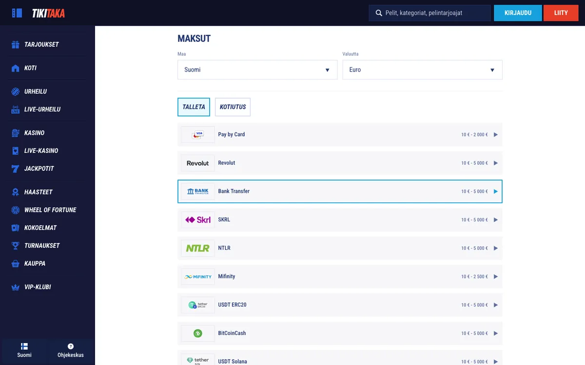 TikiTaka Casino — Payments, captured from Finland