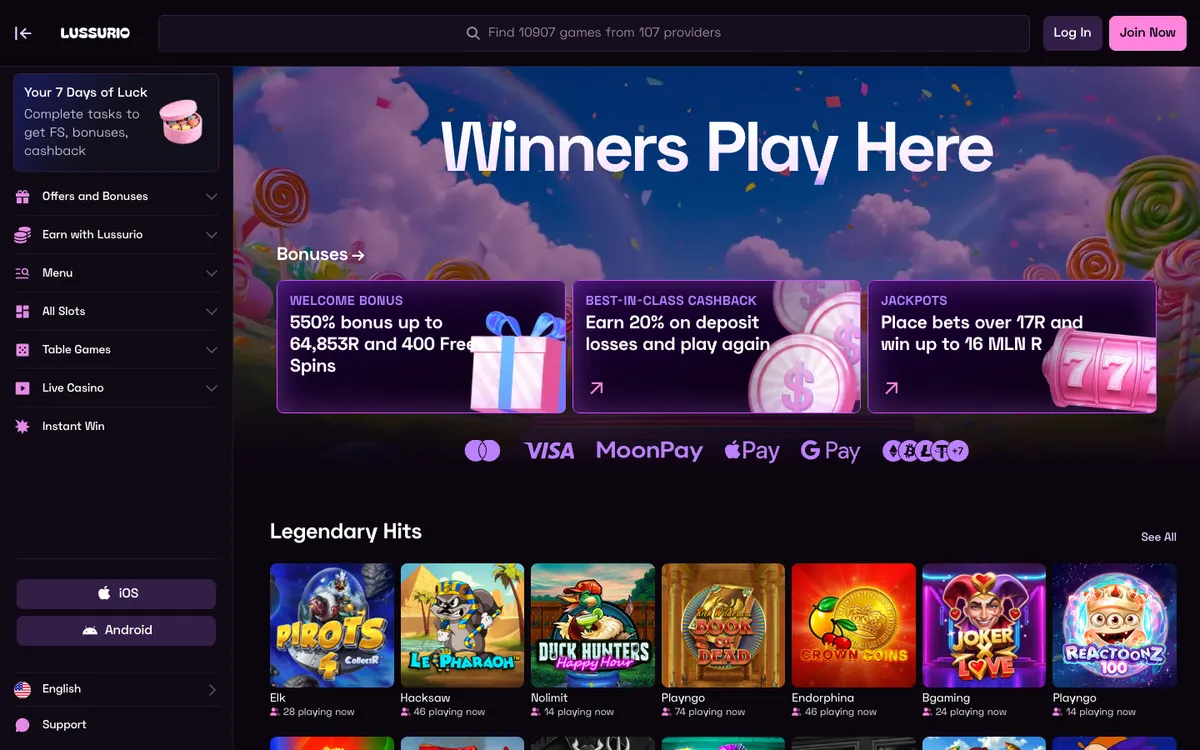 Lussurio Casino — Home page, captured from South Africa