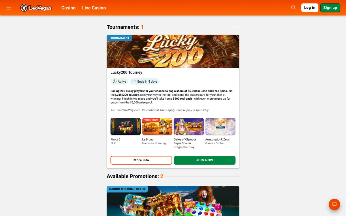 LeoVegas Casino — Promotions, captured from New Zealand