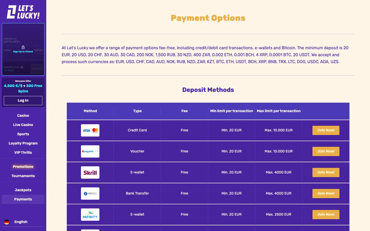 LetsLucky Casino — Payments, captured from Germany