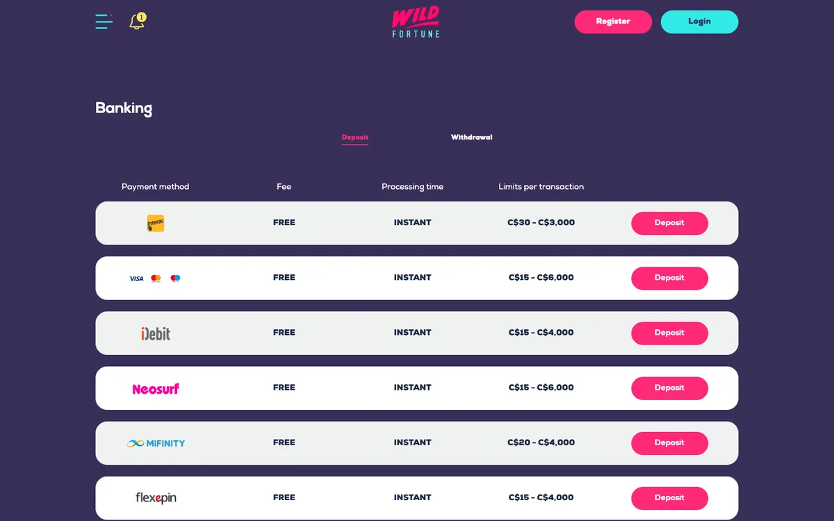 Wildfortune.io Casino — Payments, captured from Canada