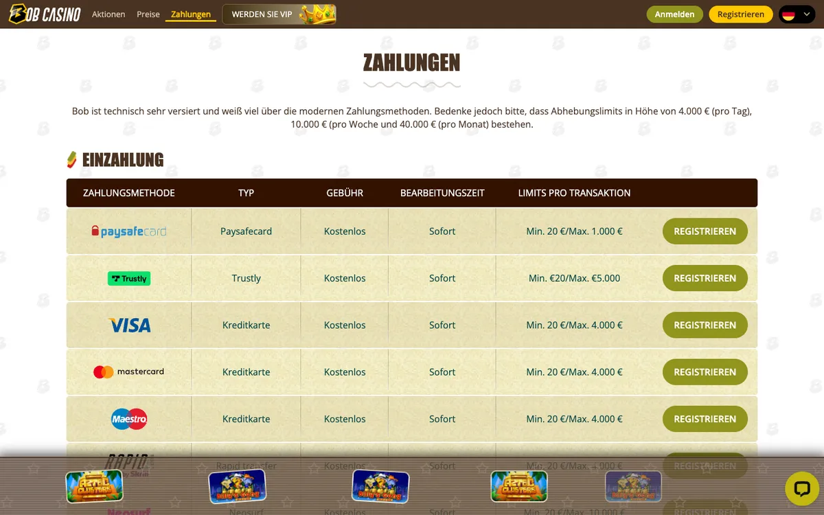 Bob Casino — Payments, captured from Germany